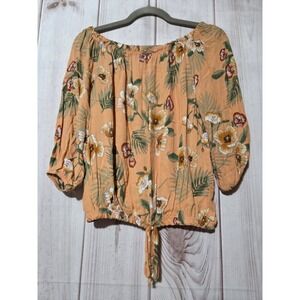 Free Kisses Floral Off Shoulder Blouse Orange Tropical Rayon Top  L Cottagecore